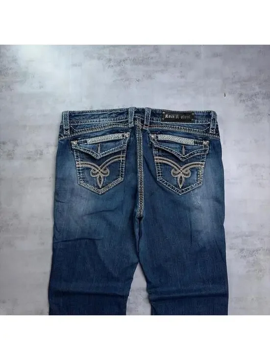 Y2K Blue Rock Revival Grunge Roza Easy Bootcut Denim Jeans - Picture 2 of 8